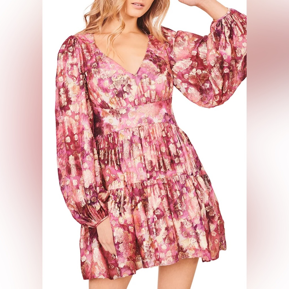 LoveShackFancy Willis Mini Dress Women's 2 Pink Gold Metallic Floral V Neck